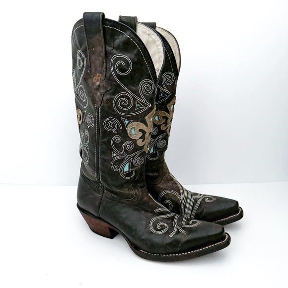Dusty Rocker Dark Brown Black Leather Embroidered Snip Toe Cowboy Boots - Picture 1 of 11